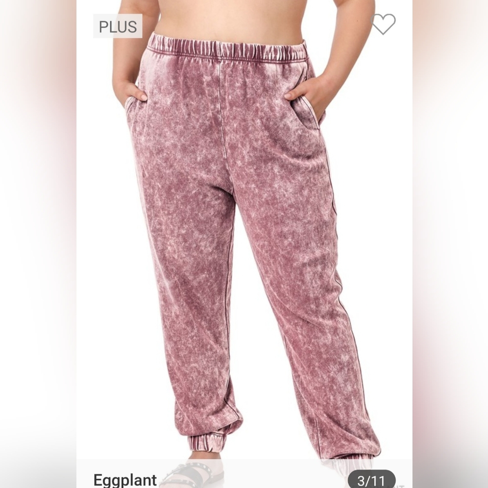 Zenana Plus Acid Wash Jogger Pants with Pockets - Eggplant - 1X-3X